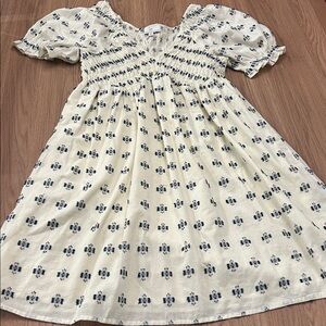 PATRONS OF PEACE smocked bodice dress cream and blue medium